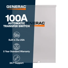 Generac 100 Amp Service Rated Automatic Transfer Switch RXSW100A3. Overlay Panel Reads: 100A Automatic Transfer Switch. Built in the USA. Generac 5-Year Limited Warranty. Generac 24/7 Support.
