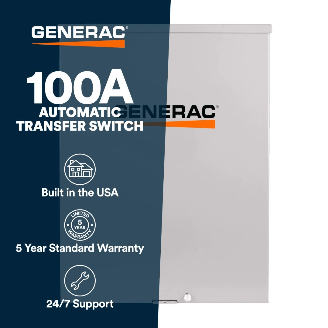 Generac 100 Amp Service Rated Automatic Transfer Switch RXSW100A3. Overlay Panel Reads: 100A Automatic Transfer Switch. Built in the USA. Generac 5-Year Limited Warranty. Generac 24/7 Support.