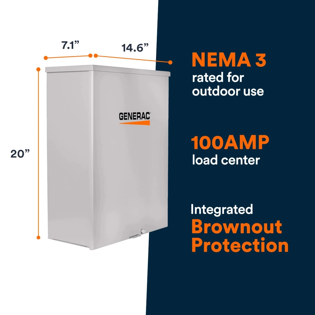 Generac 100 Amp Transfer Switch Specifications: Dimensions in inches—20.0 high x 14.6 wide x 7.1 deep. NEMA 3 for Outdoor Use. 100 Amp Load Center. Integrated Brownout Protection