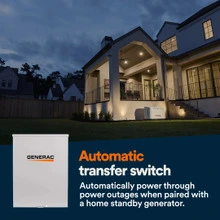 A Home with an Generac Generator Installed Outside near a rear entrance. Bottom Panel displays the Generac RXSW100A3 100 Amp Automatic Transfer Switch—Automatically power through power outages when paired with a home standby generator.