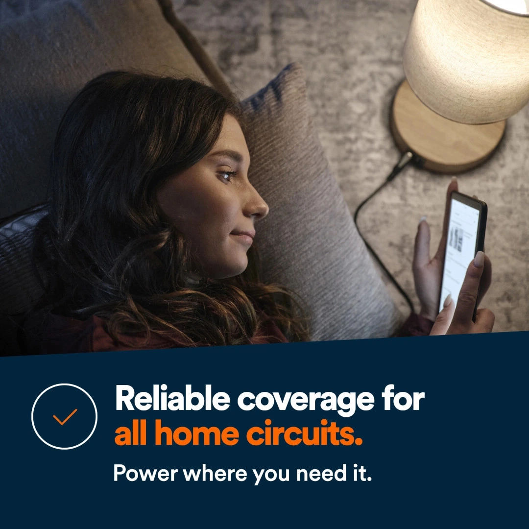 A woman sitting a chair near a lamp holds her cell phone as it charges from a USB outlet on the lamp. Bottom Text Panel reads: Reliable coverage for all home circuits. Power where you need it.