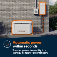 A Generac Generator Near a Utility Meter and Generac Transfer Switch Shows the connection between Generator Transfer Switch and Utility. Bottom Panel Reads- Transfer Power from utility to a standby generator automatically.
